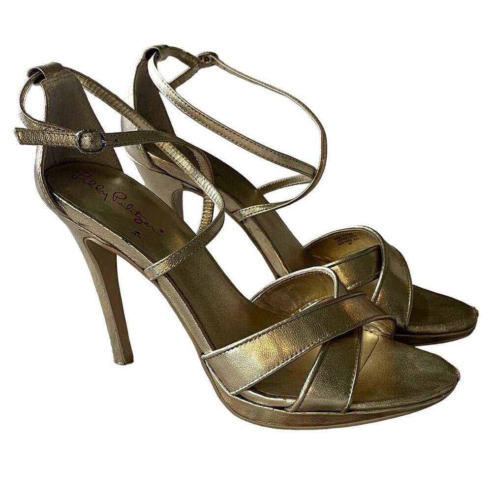 Lilly Pulitzer Bella Gold Ankle Strap Leather Sandals Women’s Size 8M